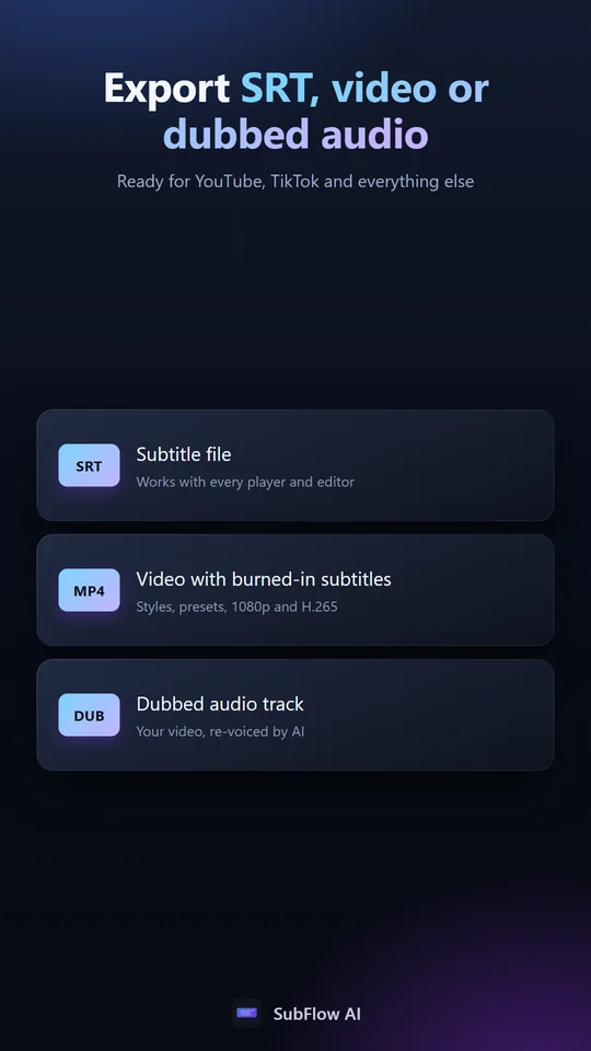 Export options for an SRT file, a video with burned-in subtitles, or a dubbed audio track